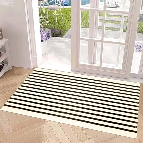 Fall Striped Outdoor Rug 2'x4.3'Black and Beige Layering Front Porch Rug - Image 6