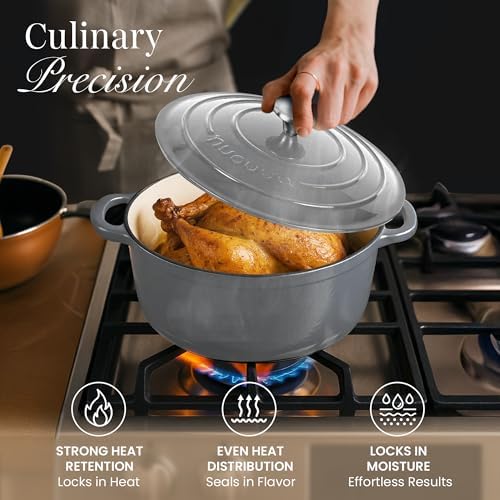 Cast Iron Pot with Lid-Non-Stick Ovenproof Enamelled Casserole Pot, Oven Safe up to 500° F-Sturdy Dutch Oven Cookware - Grey, 5-Quart, 24cm-by Nuovva - Image 6