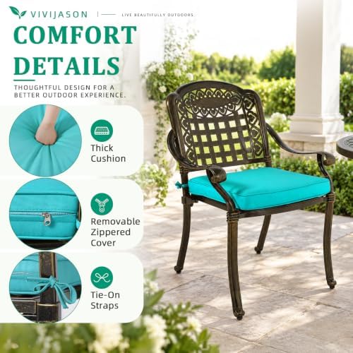 VIVIJASON 5-Piece Patio Furniture Dining Set, All-Weather Cast Aluminum Outdoor Conversation Set, Include 4 Cushioned Chairs and a 35.4" Round Table w/Umbrella Hole, Ocean Blue Cushion - Image 4