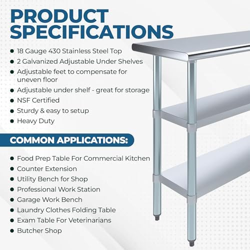 48" x 30" Stainless Steel Work Table with 2 Adjustable Undershelves NSF - Image 3
