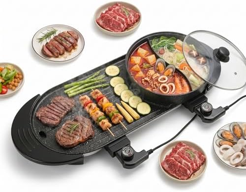 27" Hot Pot with Grill Electric BBQ Grill Combo, 2200W Indoor Korean BBQ Grill with Dual Temperature Control, Large Shabu Shabu Pot, Nonstick Tabletop Grill for 2-12 People, 110V by Unknown