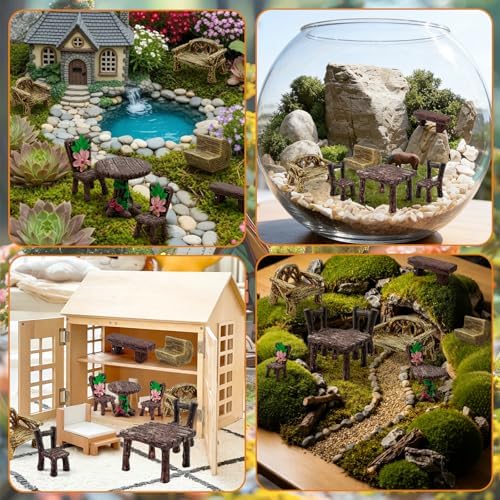 Morofme 10 Pcs Mini Garden Furniture Ornaments Miniature Table and Chairs Resin Bench Chair Kit Garden Furniture Accessories for Cake Topper Micro Landscape DIY Craft Succulent Flower Pot Decorations - Image 4
