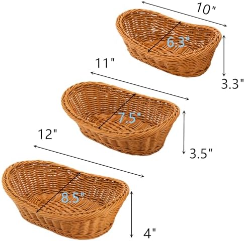 Yarlung 3 Pack Small Woven Breads Baskets, Oval Fruit Baskets Stackable Plastic Wicker Basket for Serving Vegetables, Kitchen, Restaurant, Outdoor, Imitation Rattan Brown, 3 Sizes - Image 2