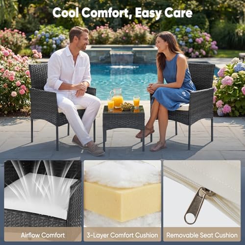 DUMOS Patio Furniture Set 3-Piece, Outdoor Wicker Bistro Set, Black - Image 4