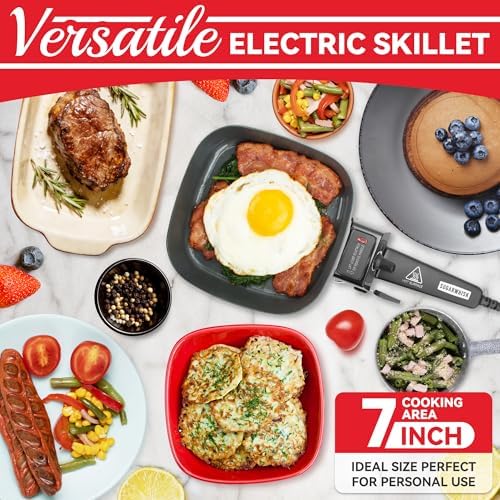 SugarWhisk Small Electric Skillet with Lid, Personal 7-inch Ceramic Coated Electric Skillet Griddle, Square Frying Pan with Temperature Control, Portable Cooking Appliances, Graphite - Image 3