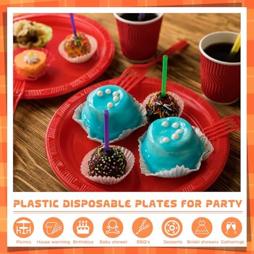 Plastic Plates 9 Inch Plastic Solid Round Party Dessert Dinner Plates for Weddings Party BBQs Birthday Camping and Anniversary (30, Red) - Image 4