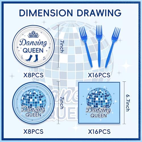 Dancing Queen Party Decorations 48Pcs Retro 70s Tableware Set Disco Plates and Napkins Forks Supplies Serves 16 Blue Disco Ball Birthday Bachelorette Party Decorations - Image 2