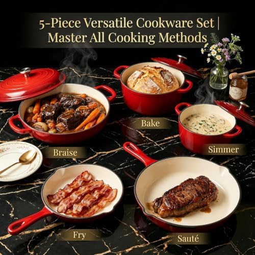 QuliMetal 5-Piece Red Enameled Cast Iron Cookware Set - Image 3