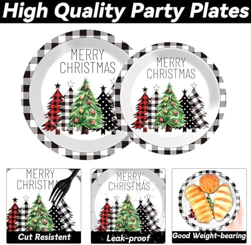 200Pcs Buffalo Plaid Christmas Tree Party Plates Napkins Christmas Black White Buffalo Plaid Theme Tableware Set for Xmas Holiday Decoration Dessert Plates Serve 50 Guests for Birthday Party Supplies - Image 3