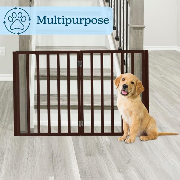 Pet Gate - 4-Panel Indoor Foldable Dog Fence for Stairs, Hallways or Doorways - 72x24-Inch Retractable Wood Freestanding Dog Gates by PETMAKER (Brown) - Image 4