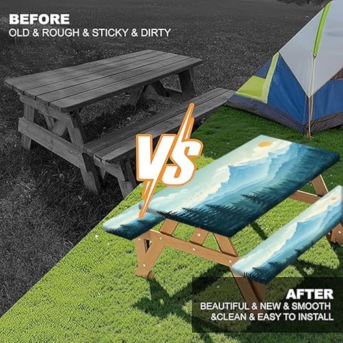 Picnic Table Cover with Bench Covers and Bag, Forest Mountain Sunset Camping Tablecloth, Waterproof Windproof Oilproof Elastic Edges Fitted Tables Cover for Indoor Outdoor 3PCS 30x60 Inch (Green) - Image 4
