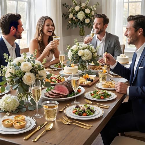 N9R 600PCS White and Gold Plastic Plates, Disposable Dinnerware Set - Image 6