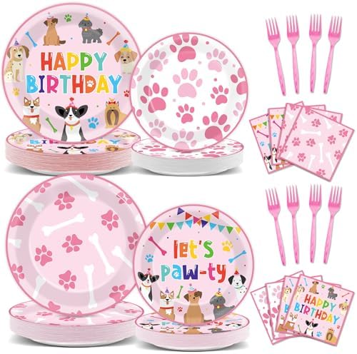 96 Pcs Puppy Birthday Party Decorations Pink Dog Plates and Napkins Dog Paw Party Paper Plates Dinnerware Set Lets Pawty Theme Tableware for Girls Serve 24 Puppy Pet Paw Print Birthday Supplies Pawty by Oitnlaughter