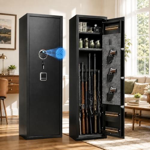 [No Assembly Required]10-12 Gun Safe for Rifles and Pistols, Biometric Gun Safe with Fingerprint and Digital Keypad, 57" Rifle Safe Gun Cabinet with Adjustable Rack, Shelf and Door Organizer for Home by KILISTEELS