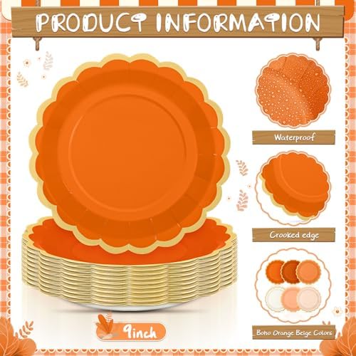 96 Pcs Fall Orange Paper Plates 9 Inch Scalloped Disposable Plate - Image 4