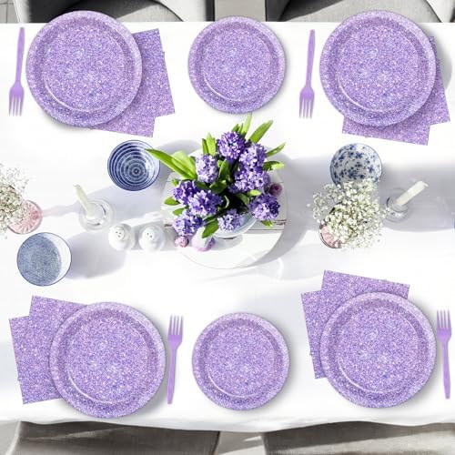 96PCS Purple Glitter Paper Plates and Napkins K-pop Purple Tableware Party Paper Plates Glitter Birthday Disposable Dinnerware Parties Set for Girl Women Sprinkle Wedding Anniversary Party Decorations - Image 5