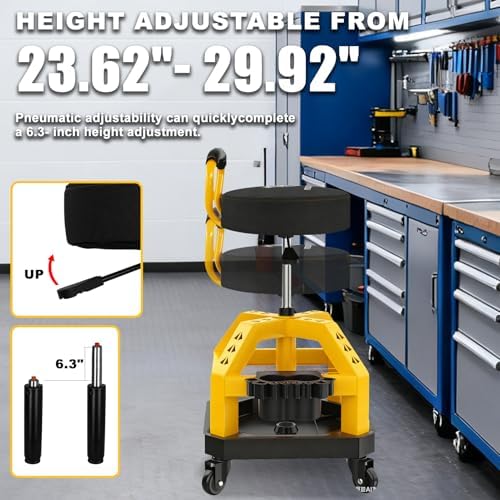 Rolling Shop Stool with Wheels, Heavy Duty Garage Work Mechanic Stool with Backrest, Adjustable Height 360°Swivel Rolling Chair with Tool Tray Storage, 330 LBS Capacity, Yellow - Image 4