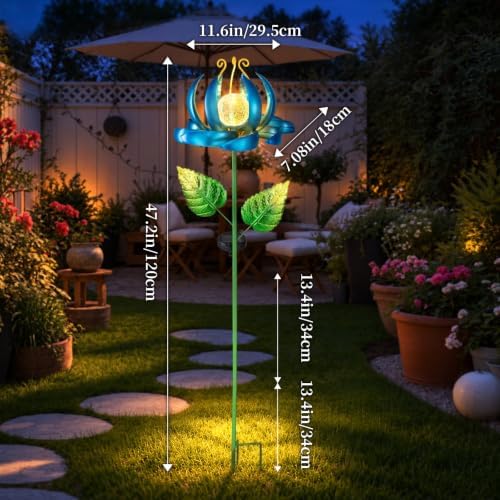 Solar Wind Spinner Lights, Metal Lotus Flower Garden Decor with Crackle Glass Globe, Outdoor LED Solar Stake Light for Yard Patio Lawn Pathway - Image 3