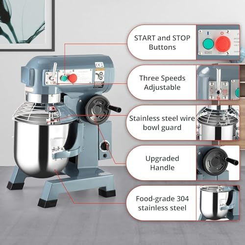 Commercial Food Mixer, 20Qt Commercial Dough Mixer, 1100W Stainless Steel Bowl Heavy Duty Food Mixer with 3 Speeds Adjustable, Dough Hook Whisk Beater Included, Perfect for Bakery Pizzeria - Image 5
