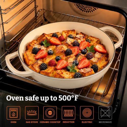 Parmedu Cast Iron Dutch Oven, 3.8 Quart, White, Shallow Braiser & Casserole - Image 6