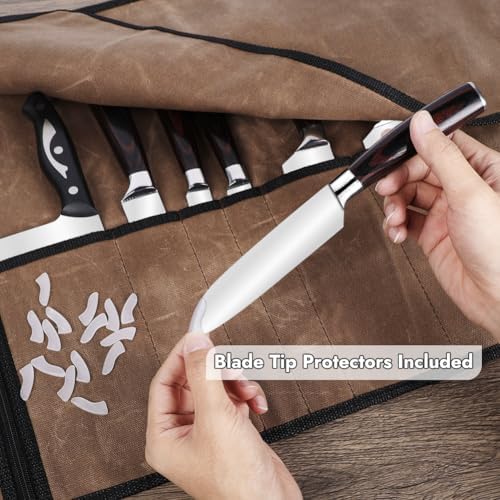 Knife Roll with Leather Straps and Metal Buckles, Double Layer Waxed Canvas Knife Bag, Large Chef Knife Bag with Handle and Shoulder Strap - Image 6