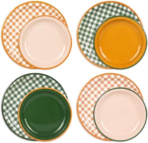 FYSUIMU 96 Pcs Camp Bachelorette Gingham Paper Plates Last Trail Before the Veil Party Decor 7" 9" Disposable Green Orange Checked Dessert Tableware for Summer Fall Wedding Birthday Bridal Shower by FYSUIMU