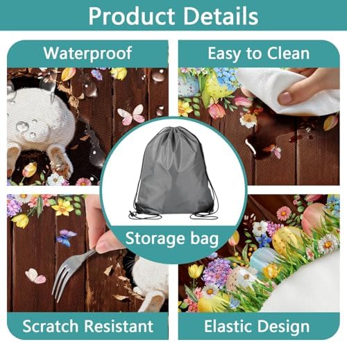 Easter Picnic Table Cover with Bench Covers Elastic Edges, Cute Bunny Flower Brown Wood Fitted Table Cover, Outdoor Patio Camping Essentials, Waterproof Camping Fitted Tablecloth, 3PCS, 30x72 Inch - Image 4