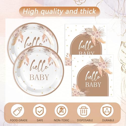 41Pcs Boho Baby Shower Decorations Bohemian Floral Pampas Grass Theme Tableware Neutral Birthday Decorations Boho Flower Paper Plates Napkins Tablecloth丨Boy Girl Birthday Baby Shower Party,Serves 20 - Image 4