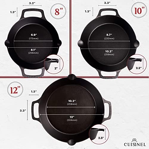 Cast Iron Skillet + Cast Iron Lid Set - 8"+10"+12" Dual Handle Frying Pans + Pan Scraper + Silicone Handle Holder Covers - Pre-Seasoned Indoor/Outdoor, Grill, Stovetop, Induction, Oven Safe Cookware - Image 2