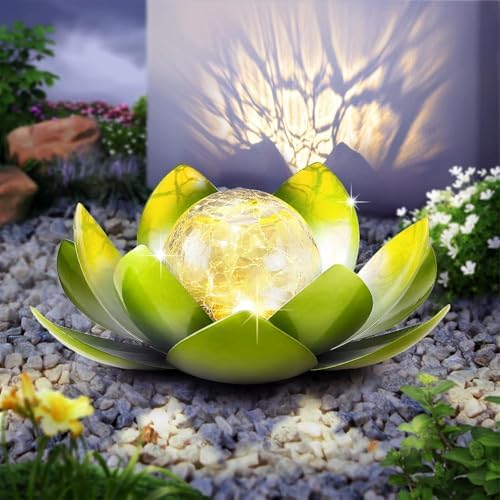 Huaxu Solar Lights Outdoor Garden Decoration Crackle Globe Glass Waterproof LED Metal Green Lotus Flowers Gift for Mom,Women,Patio,Lawn,Walkway,Tabletop,Ground by Huaxu