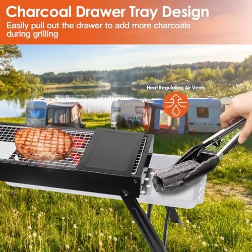 KOCASO Foldable Charcoal BBQ Grill with Shelf Stainless Steel Grill Net Easy Setup Portable Tabletop Barbecue Grill for Camping Picnic Outdoor Party Backyard - Image 5