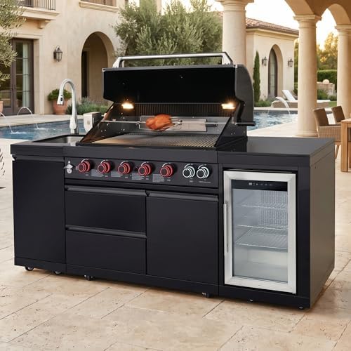 82 Inch Outdoor Kitchen Island, 6 Burner Propane Gas BBQ Grill 83500 BTU, 304 Stainless Steel Black Grill Station with Sink, Refrigerator, Rotisserie, For Backyard BBQ, Black - Image 2