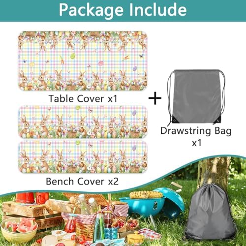 Easter Picnic Table Cover with Bench Covers, Camping Essentials, Easter Buffalo Plaid Bunny Eggs Flowers Outdoor Table Covers, Waterproof, Fitted Tablecloth Cover with Elastic Edge, 3 PCS, 30x72 Inch - Image 7