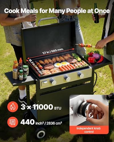 VEVOR Gas Griddle, 3-Burner Flat Top Grill, Propane Griddle with Wheels, Lid, 33000 BTU Outdoor Flat Top Grills for Pan-Frying, Grilling, Stir-Frying, & BBQ, Pulse Ignition, Removable Top Design - Image 3
