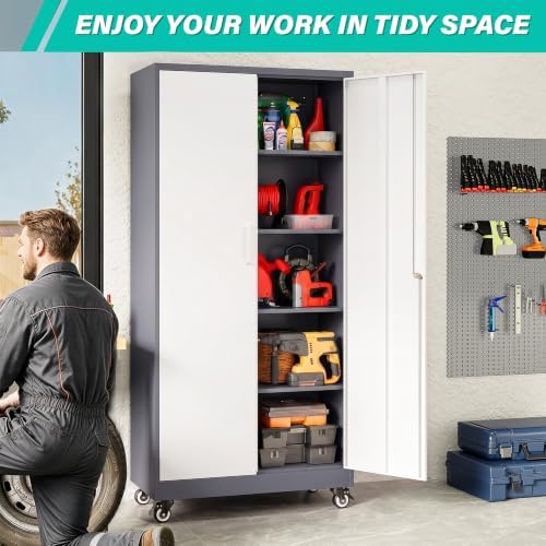 SISESOL 75" Tall Gray White Metal Storage Cabinet with Wheels and Shelves - Image 2