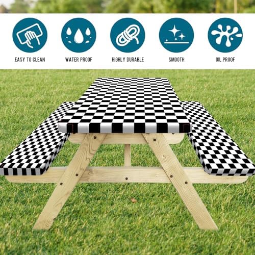 Picnic Table Cover with Bench Covers and Bag, Black and White Checkered Buffalo Plaid Camping Tablecloth Waterproof Windproof Elastic Edges Fitted Gingham Tablecloth for Outdoor Garden 3PCS 30x72 Inch - Image 2