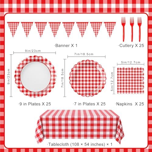 102 PCS Red Gingham Party Supplies - Christmas Scalloped Plates, Napkins, Forks, Banner, Gingham Tablecloth for Baby Shower, Birthday, Picnic Party Decorations, Serves 25 - Image 2