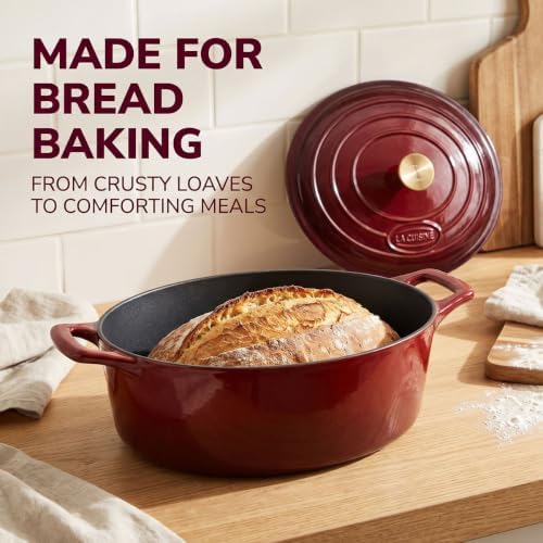 La Cuisine Enameled Cast Iron Oval Dutch Oven Casserole Dish Pot with Lid 6.75 QT Internal Matt Black Enamel Coating Gold-Plated Stainless Steel Lid Handle Oven Safe Cranberry - Image 5