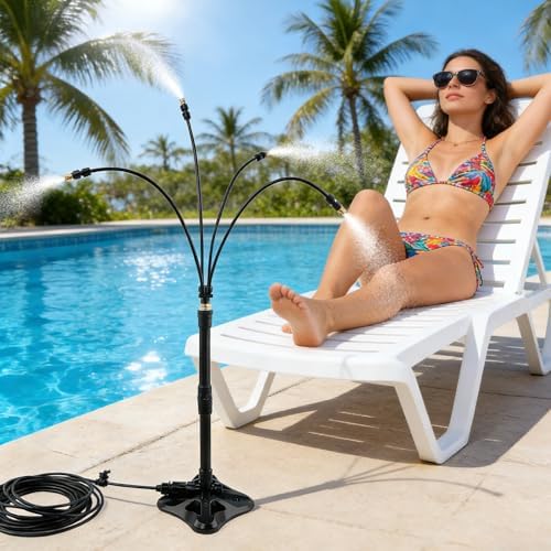 Standing Misters for Outside Patio, 35Inch Adjustable Height Misting Sprinkler with 4 Nozzles, Cooling Misting System Line 26.25FT, Anti-Leak Design, Outdoor Mister for Garden, Backyard, BBQ by Unknown