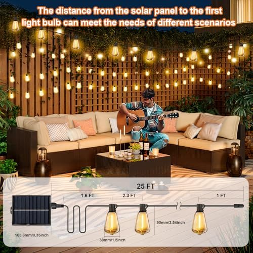 Solar String Lights Outdoor Waterproof with Remote & Timer, LED Shatterproof ST38 Bulbs, USB & Solar Powered Patio Lights for Backyard, Porch, Garden, Wedding, Christmas Decor (25FT) - Image 6