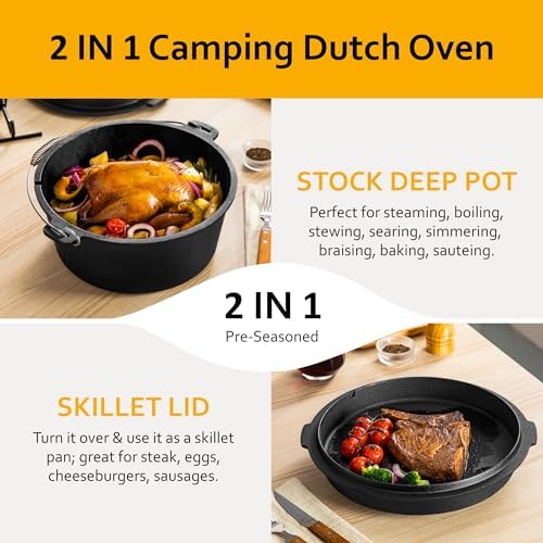 Velaze 10 QT Pre-Seasoned Cast Iron Camping Dutch Oven Pot with Lid - Image 3