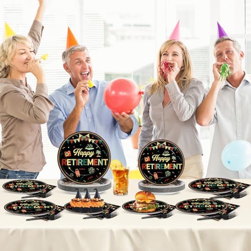 96 PCS Retirement Party Paper Plates Napkins Colorful Vintage Retirement Disposable Party Plates Dinnerware Set Retired Tableware Supplies for Men Women Goodbye Going Away Gatherings Decorations - Image 5
