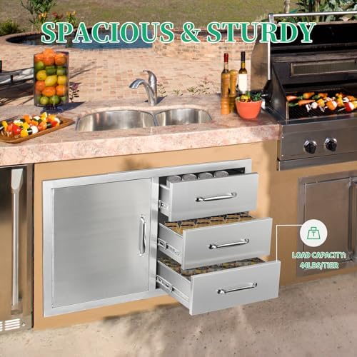 Outdoor Kitchen Door Drawer Combo Cabinet with BBQ Access and Triple Drawers for Outdoor Kitchen Island, Dimensions 38.1"" W x 22.6"" H x 20.8" (Drawer with Handle and Left Door Combo) - Image 4