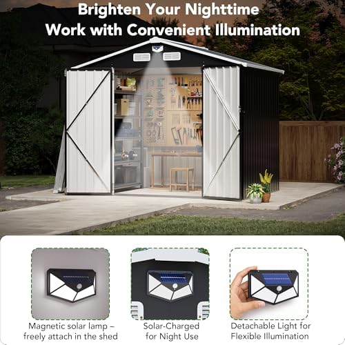 MXV 8 x 6FT Outdoor Storage Shed, Metal Garden Shed with Windows, Double Lockable Doors & Sloped Roof, Magnetic Solar Lamp, Waterproof Tool Sheds for Backyard Garden Patio Lawn, Black - Image 7