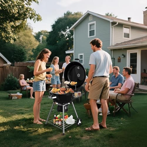 22.5-Inch Portable Charcoal Grill, Heavy Duty Kettle BBQ Smoker with Built-in Thermometer & Removable Water-Rinsable Ash Catcher for Outdoor Camping, Patio, Backyard, and Tailgating - Image 2