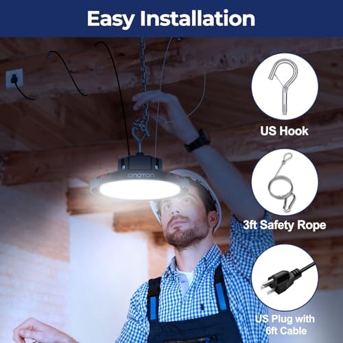 CINOTON 210W UFO LED High Bay Light, Aluminum LED Shop Lights with 31500LM, 5000K Commercial Bay Lighting for Warehouse Garage Workshop Factory, 6' Cable & Safety Rope, ETL Listed 1 Pack - Image 5