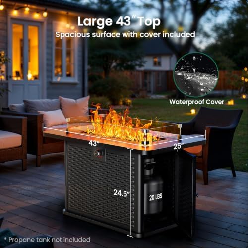 Ciays 43-Inch Rectangular Propane Fire Pit with 60,000 BTU Output, Outdoor Gas Fire Pit Table Premium for Outside Patio with 304 Stainless Steel H-Burner, Glass Stones, and Wind Guard - Image 3