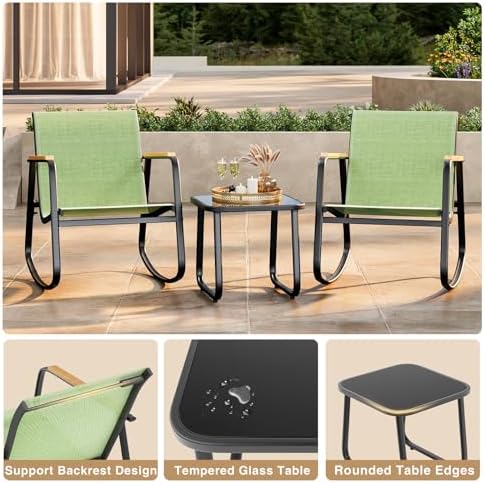 Ahomly 3 Pieces Patio Furniture Set Textilene Rocking Bistro Set, Green - Image 5