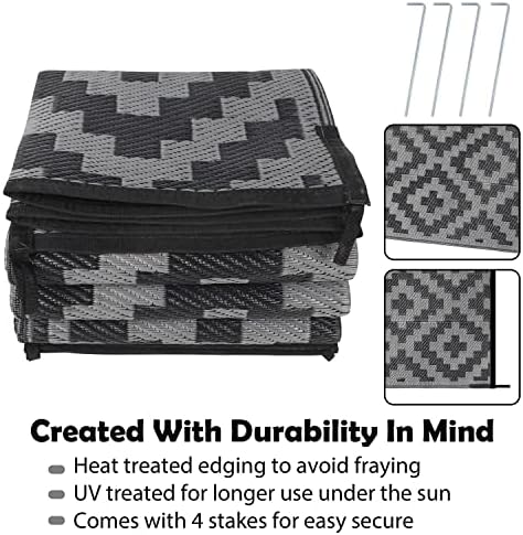 SAND MINE Waterproof Outdoor Rug 6x9 ft, Plastic Reversible Rug, Modern Area Rug, Large Floor Mat for Outdoors, RV, Patio, Backyard, Deck, Picnic, Beach, Camping, Black Grey Lattice - Image 3