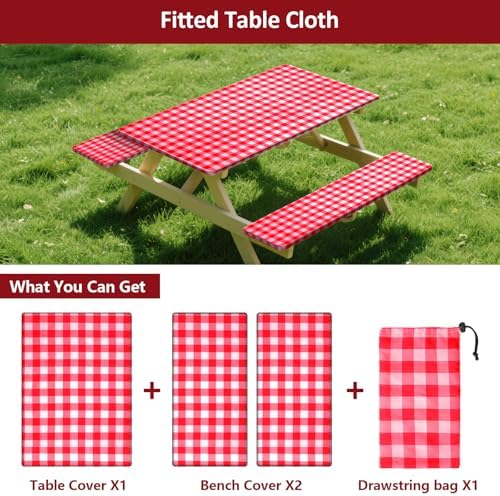 7ft 84in Picnic Table and Bench Cover, 3 Pack, Red-White Checkered - Image 3